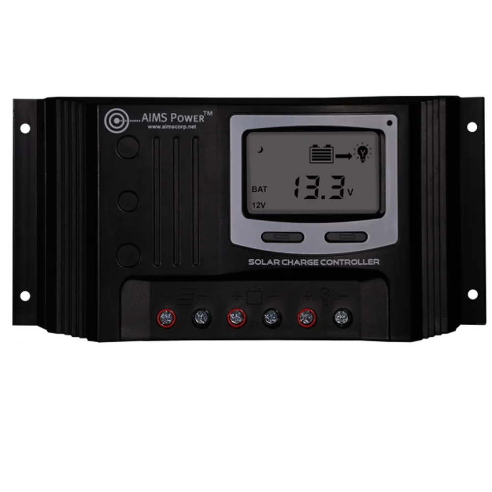 Front view of black AIMS Power solar charge controller with LCD battery voltage display showing 13.3V, 12V indicator, battery-to-light icon, red/black terminals, and “Solar Charge Controller” label.