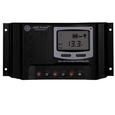 Front view of black AIMS Power solar charge controller with LCD battery voltage display showing 13.3V, 12V indicator, battery-to-light icon, red/black terminals, and “Solar Charge Controller” label.