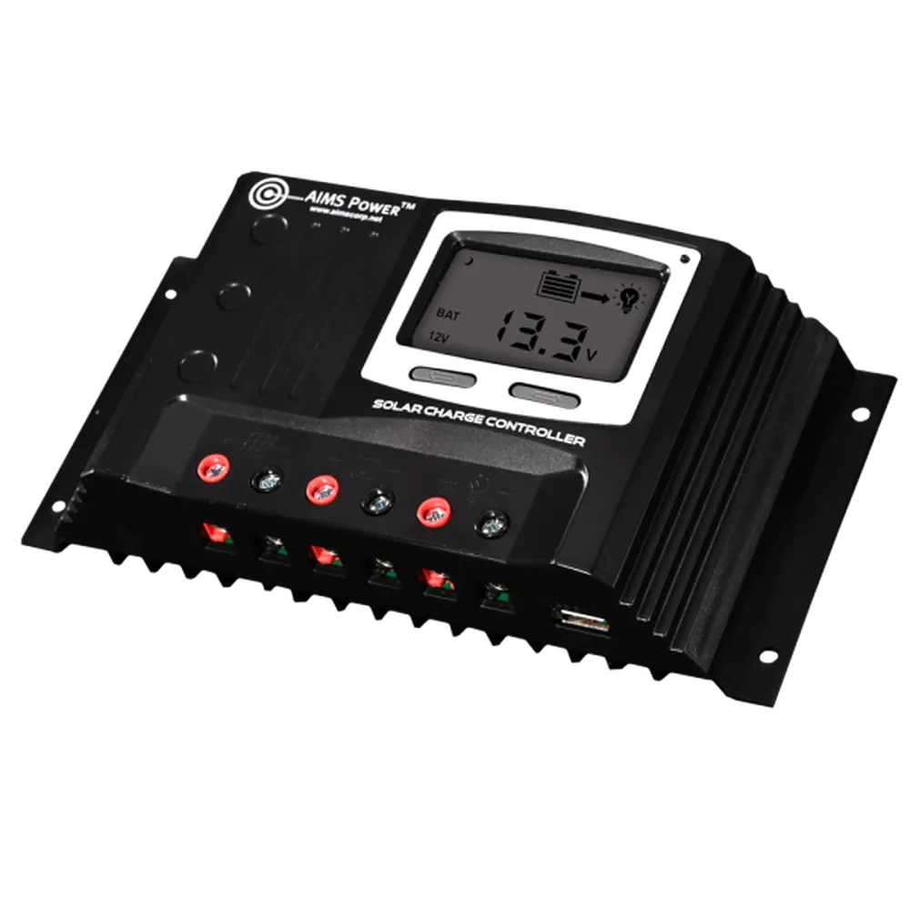 Angled product image of AIMS Power solar charge controller with digital LCD display, screw terminals, heat sink fins, USB charging port, and black housing for off-grid solar battery charging.