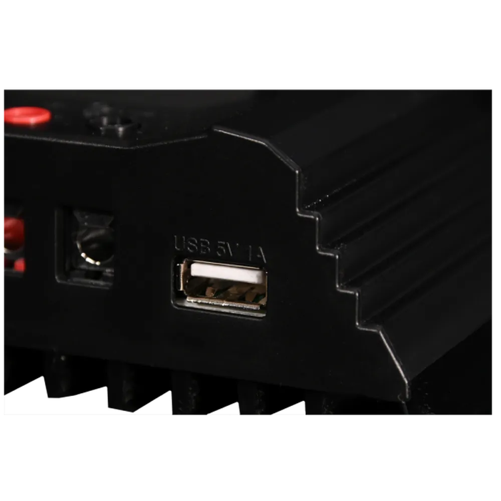 Macro view of USB 5V 1A output port on black AIMS Power solar charge controller, beside ribbed heat sink fins and terminal connections for solar battery systems.