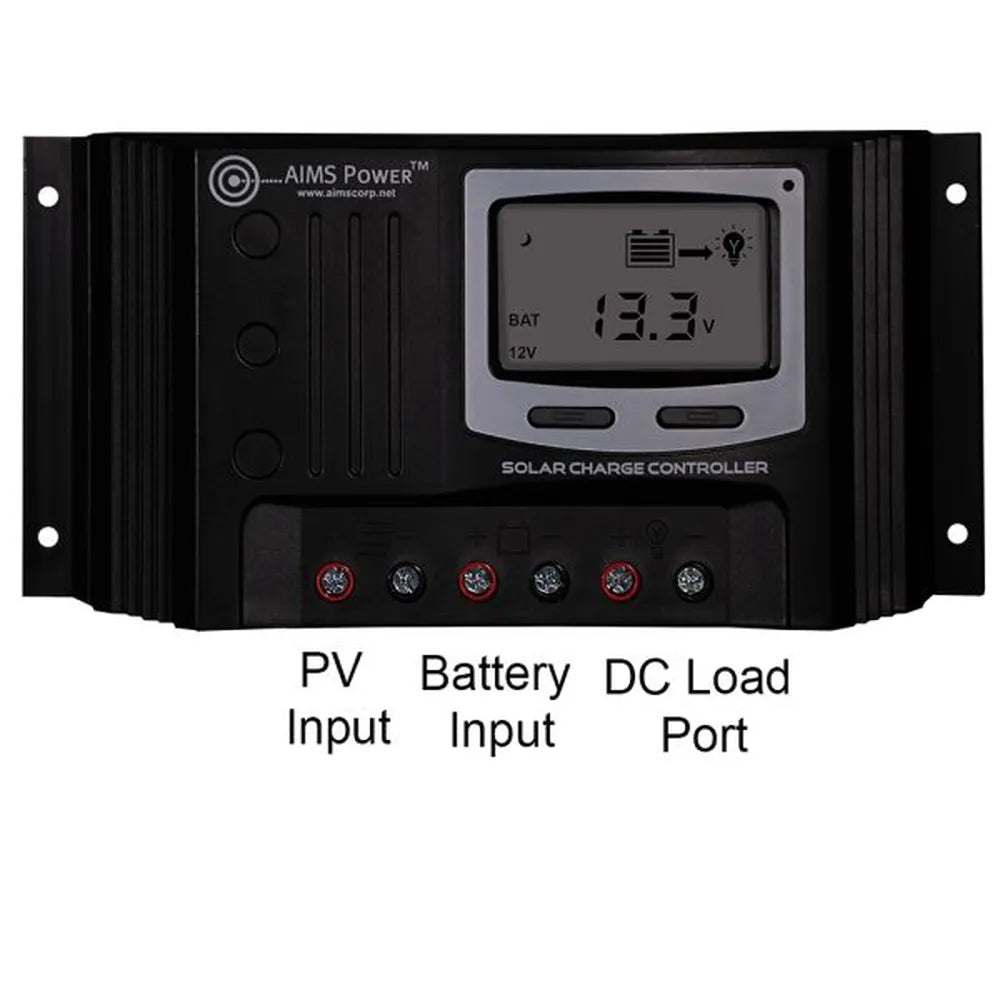AIMS Power 30A solar charge controller front panel labeled PV Input, Battery Input, and DC Load Port, with LCD voltage screen and six screw terminal connections for solar installation.