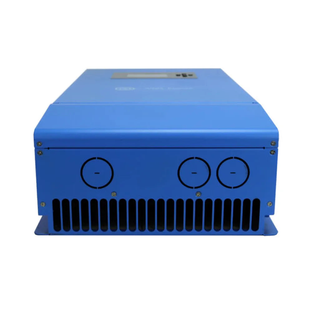 Rear view of blue AIMS Power 80 amp MPPT solar charge controller showing circular cable knockouts, ventilation grille, screws, and mounting flanges.