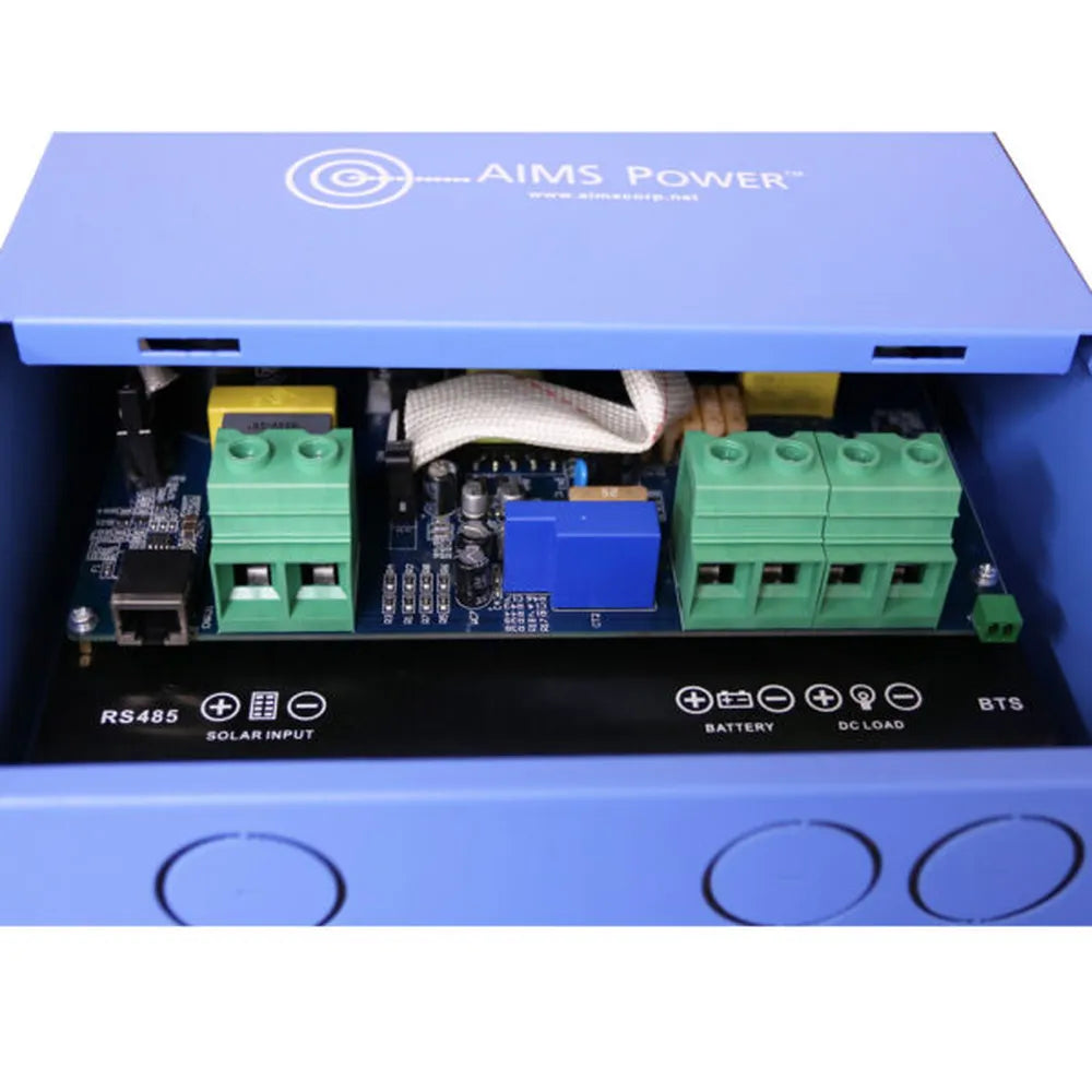 Interior terminal close-up of AIMS Power 60A MPPT controller with RS485 port, solar input terminals, battery terminals, DC load terminals, BTS connector, circuit board, and green screw terminals.
