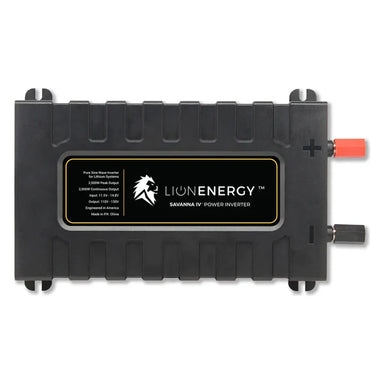 Lion Energy Savanna IV power inverter front view, black inverter with red positive and black negative terminals, branded label, and mounting tabs on a light gray background