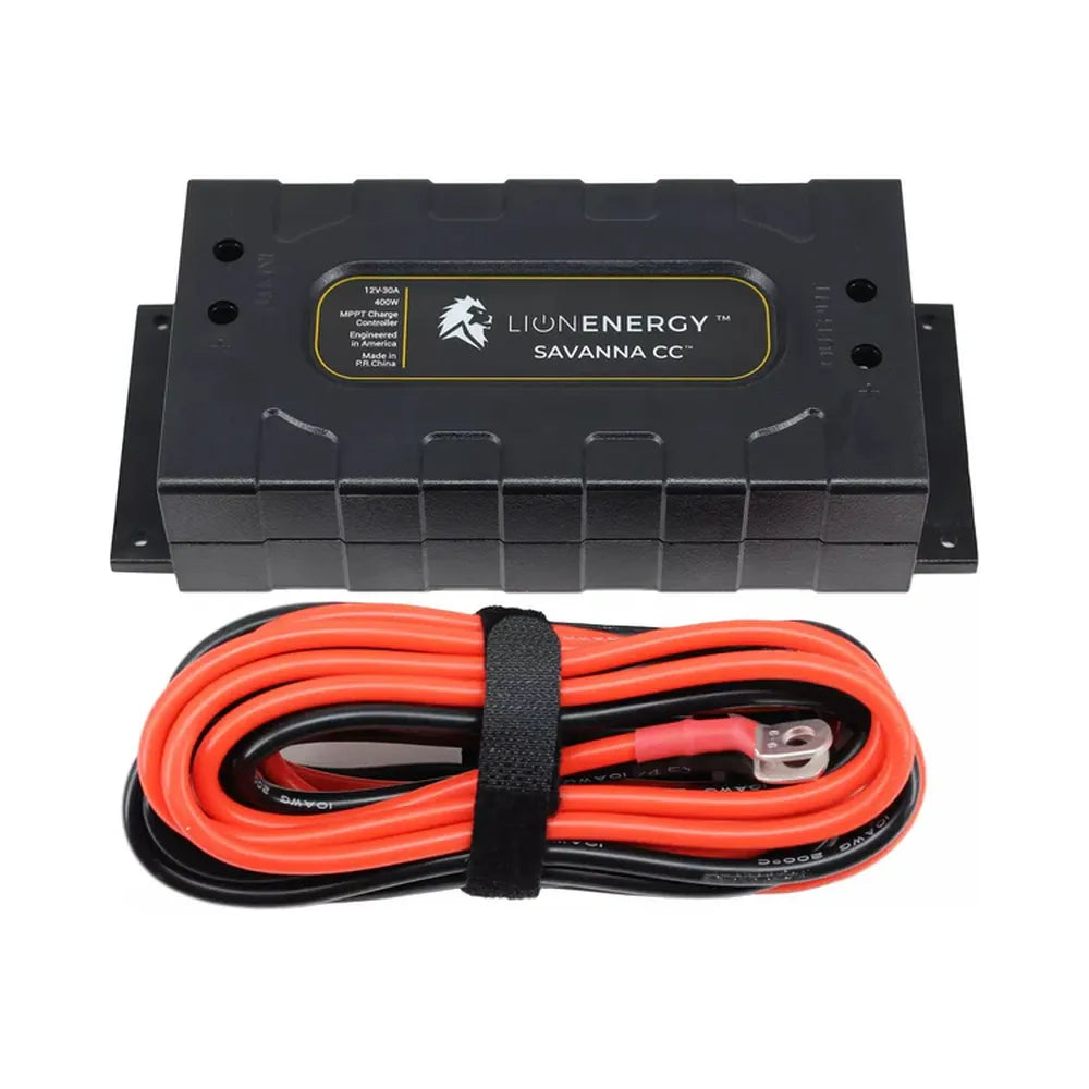 Front-facing Lion Energy Savanna CC solar charge controller with coiled red and black power cables, black metal housing, and branded label