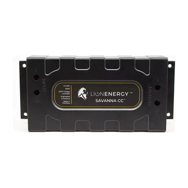 Lion Energy Savanna CC 12V 30A 400W MPPT charge controller front view showing input and output terminals on a light gray studio background