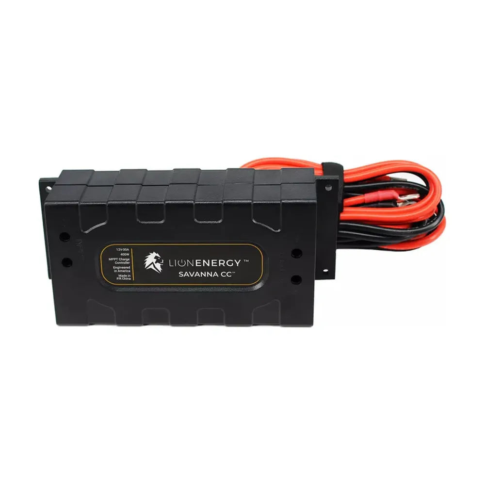 Side product view of Lion Energy Savanna CC controller with attached red and black cable set, compact black charge controller for solar battery systems