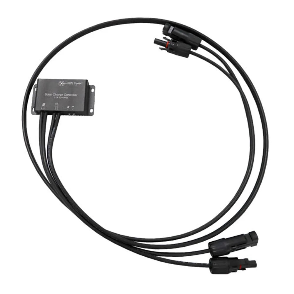 Full cable layout of AIMS Power 11A waterproof solar charge controller with long black solar panel and battery leads, plug-in connectors, and compact black controller module for off-grid solar systems.