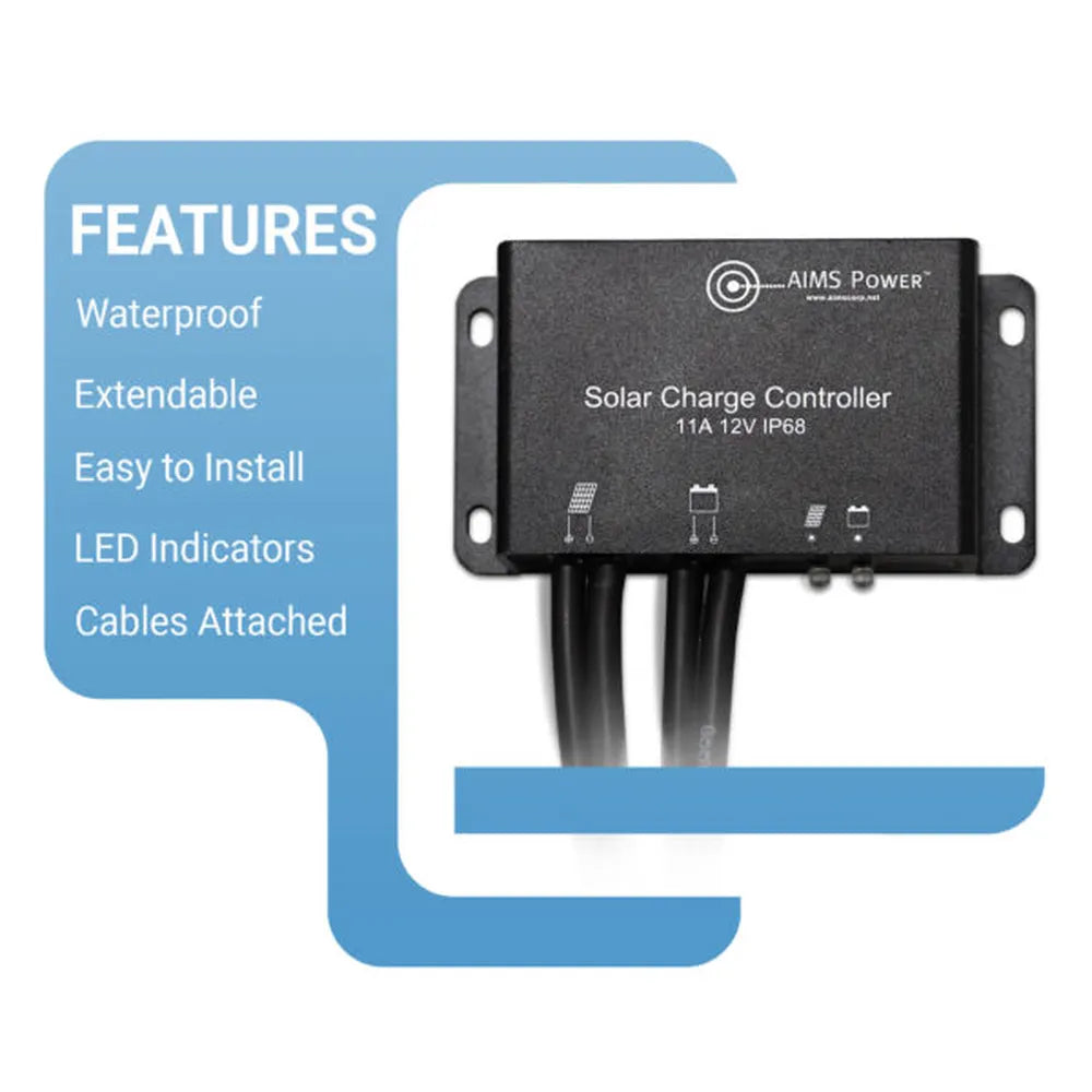 Feature graphic for AIMS Power solar charge controller showing waterproof, extendable, easy-to-install design with LED indicators and attached cables beside a black 11A 12V IP68 controller.