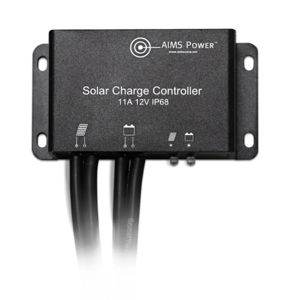 Close-up product view of black AIMS Power solar charge controller, 11A 12V IP68, with mounting tabs, solar panel and battery icons, LED indicator symbols, and attached black cables.