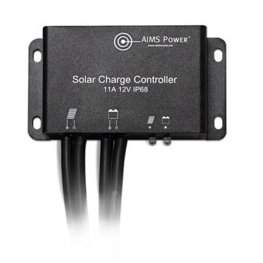 Close-up product view of black AIMS Power solar charge controller, 11A 12V IP68, with mounting tabs, solar panel and battery icons, LED indicator symbols, and attached black cables.