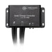 Close-up product view of black AIMS Power solar charge controller, 11A 12V IP68, with mounting tabs, solar panel and battery icons, LED indicator symbols, and attached black cables.