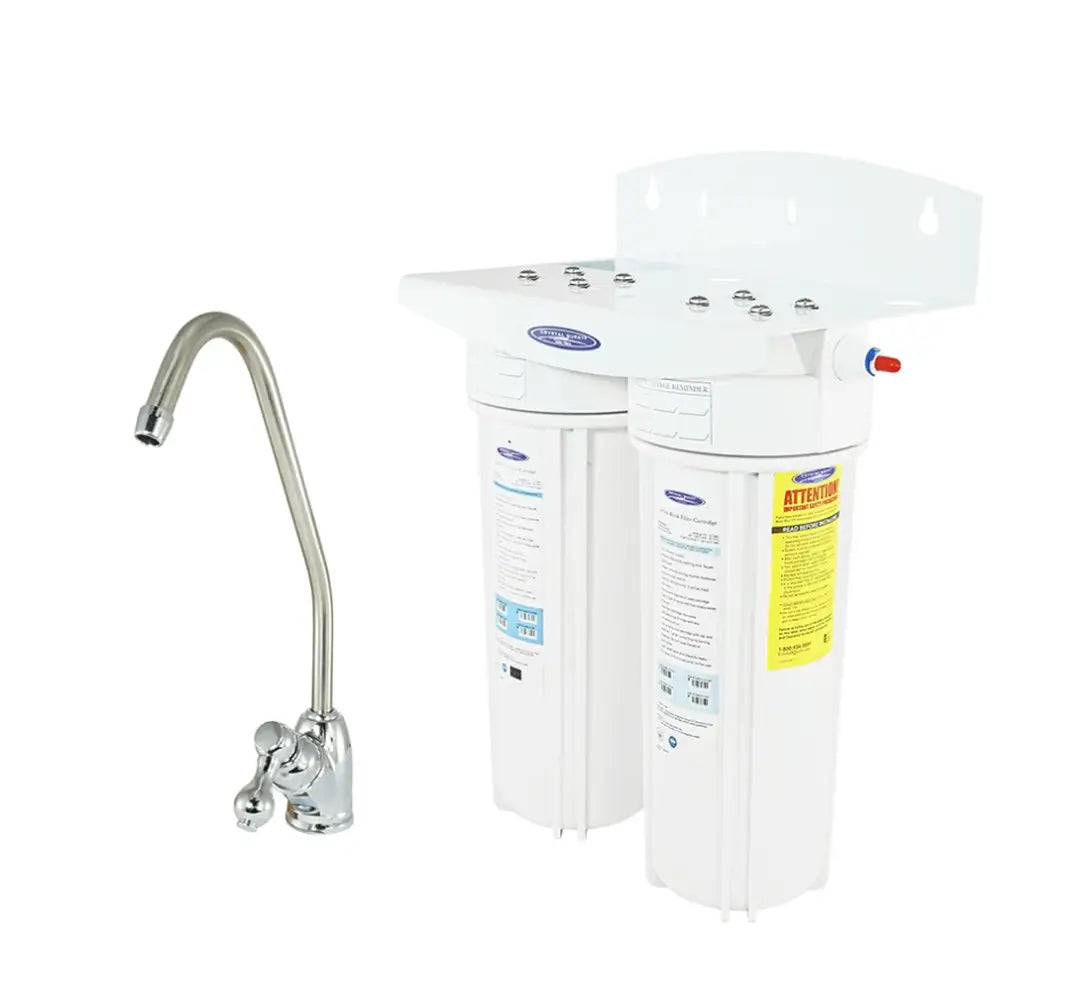 Crystal Quest Double Arsenic Under Sink Water Filtration System featuring dual-filter cartridges and a high-reach chrome faucet.
