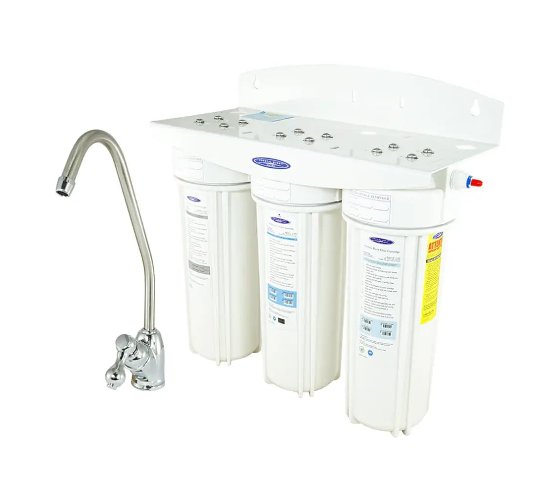 Crystal Quest Triple Arsenic Under Sink Water Filtration System with three-stage filtration housings and dedicated drinking water faucet.