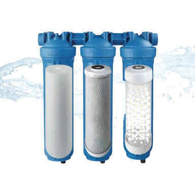 Three-stage AlkaViva UltraHome water filter system with cutaway views showing the sediment filter, carbon block, and granular media cartridges.