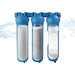 Three-stage AlkaViva UltraHome water filter system with cutaway views showing the sediment filter, carbon block, and granular media cartridges.