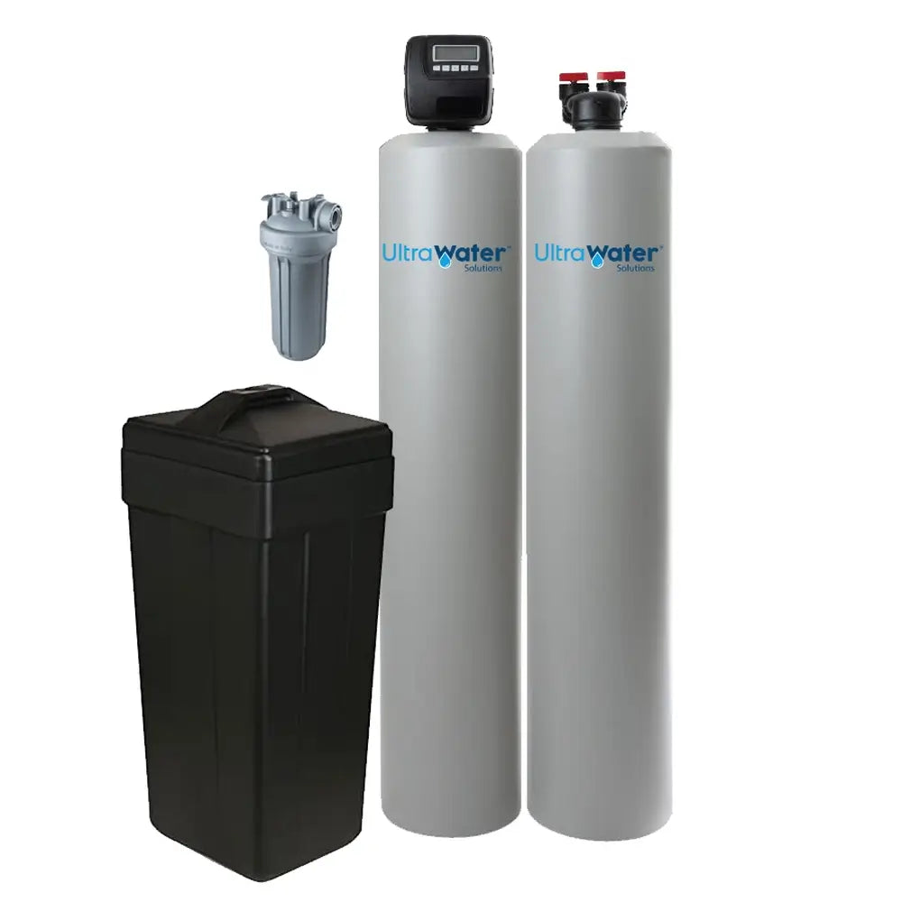 AlkaViva Grande UltraHome Water Filtration System showing dual UltraWater tanks, digital control valve, and pre-filter components on a white background.