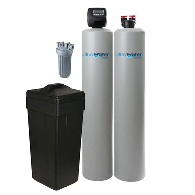 AlkaViva Grande UltraHome Water Filtration System showing dual UltraWater tanks, digital control valve, and pre-filter components on a white background.