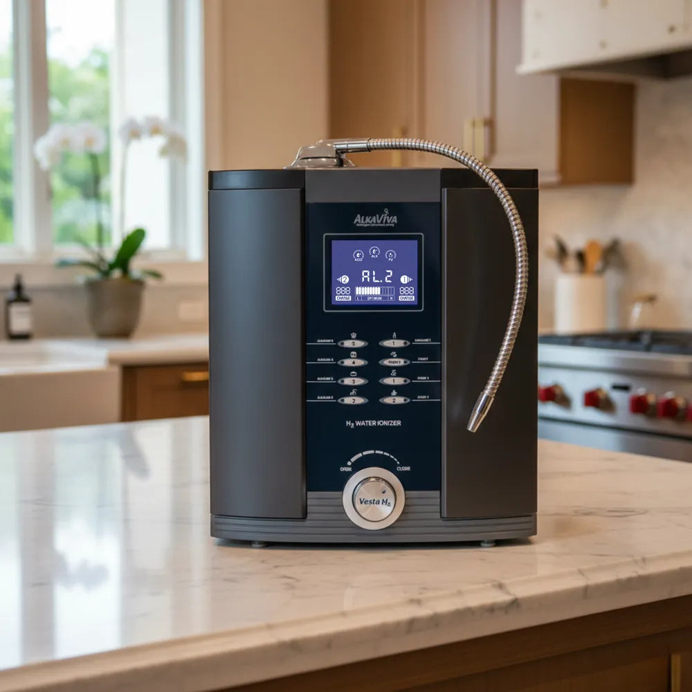 AlkaViva Vesta H2 water ionizer on kitchen countertop