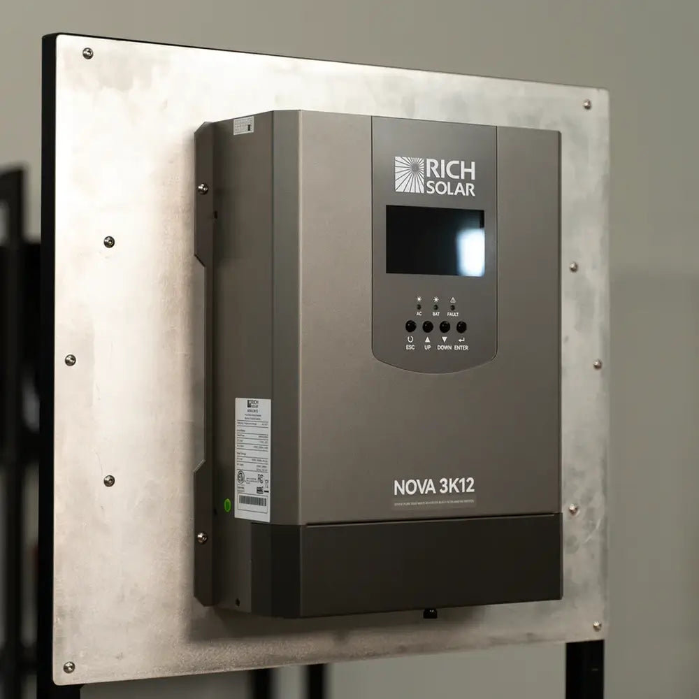 Product photography of the Rich Solar NOVA 3K12 12V 3000W inverter with built-in transfer switch, securely mounted to a metal backing panel for installation setup.