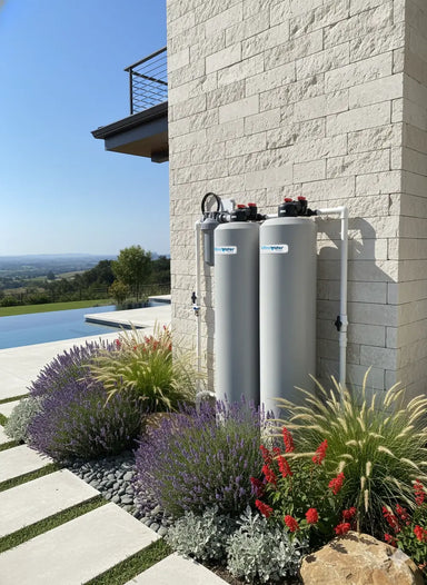 Professional outdoor installation of the AlkaViva Grande UltraHome Salt-Free Whole House Water Filter system against a stone wall in a modern landscape.
