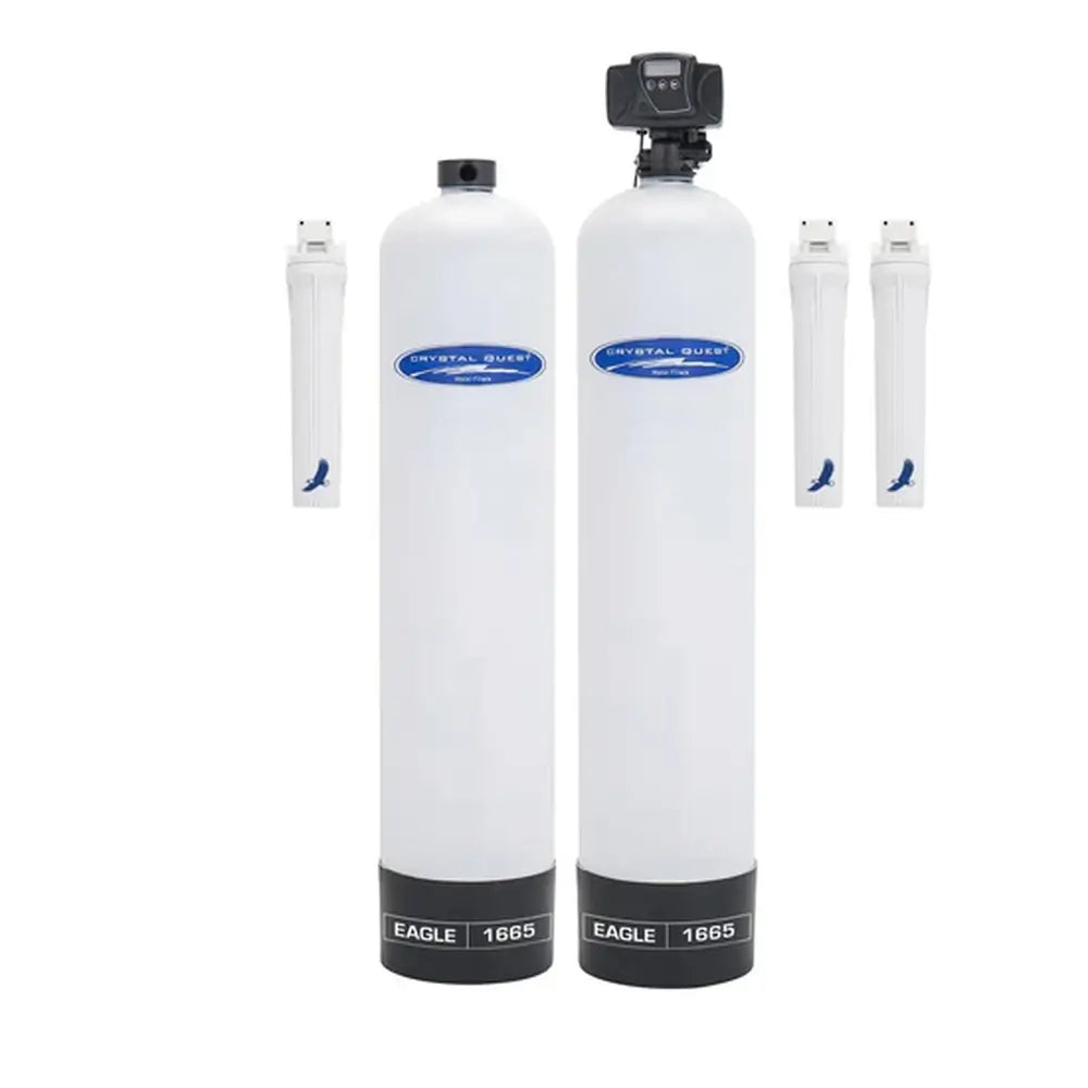 Crystal Quest Eagle 1665 Fiberglass Whole House Water Filter and Salt-Free Conditioner with 3-stage pre-filters, 1,000,000 gallon capacity.