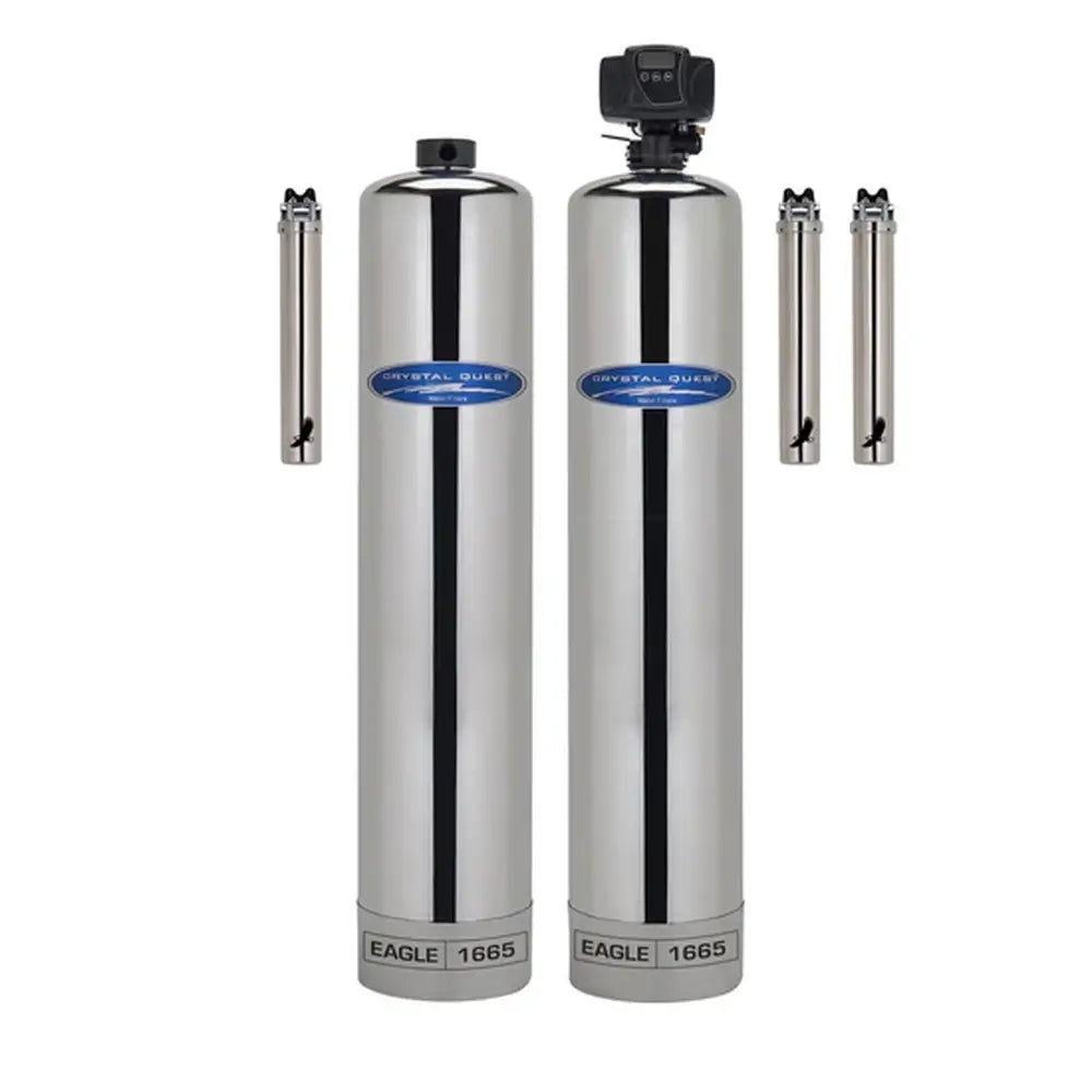 Crystal Quest Eagle 1665 Stainless Steel Whole House Water Filter system with salt-free water conditioner and 1,000,000 gallon filtration capacity.
