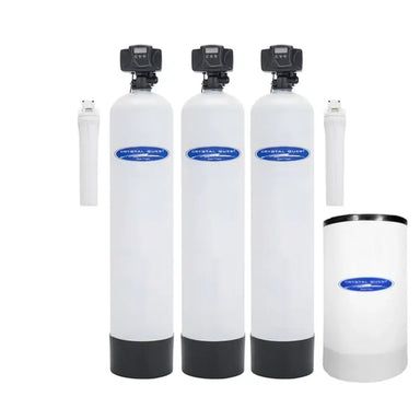 Crystal Quest Radium Uranium whole house filtration system with three white tanks, two filters, and brine tank.