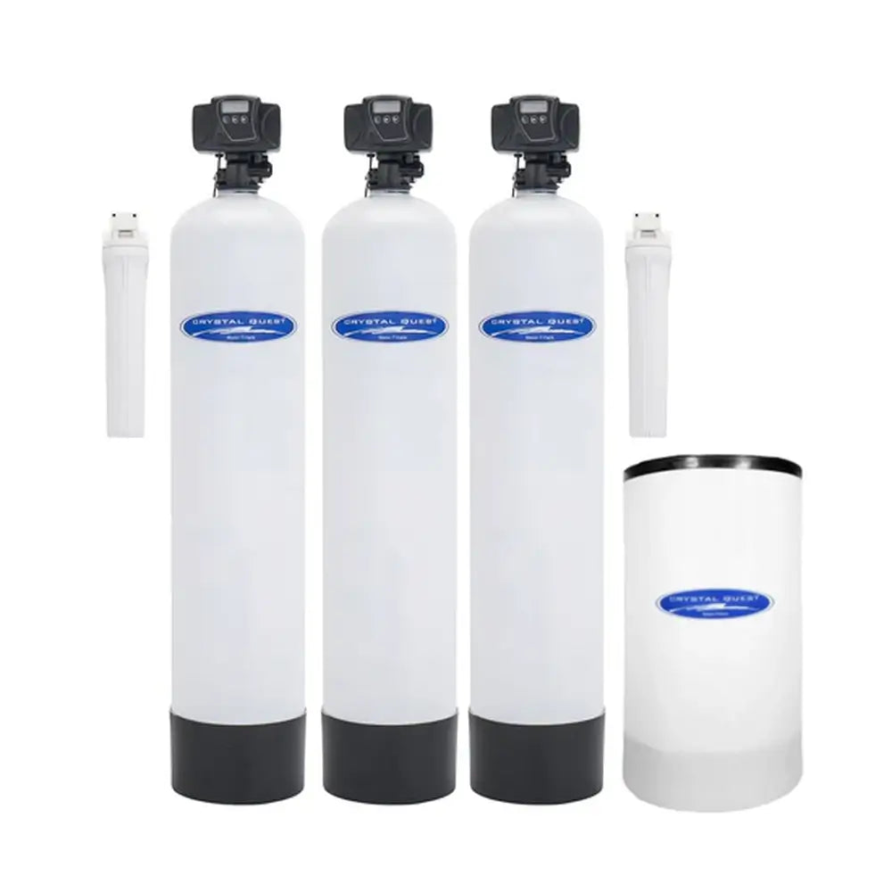 Crystal Quest 3-tank Nitrate Whole House Water Filtration System in white fiberglass with brine tank and pre/post-filters.