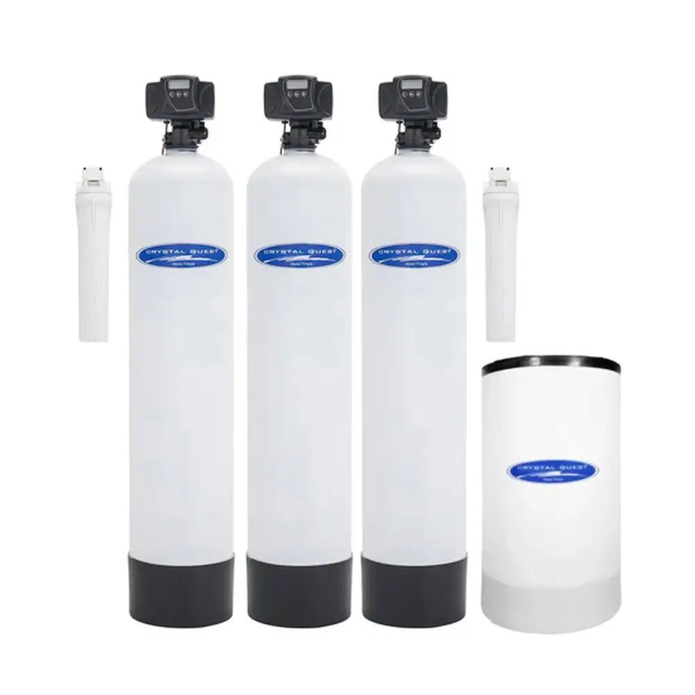 Crystal Quest Tannin Whole House Water Filtration System: 3-tank white fiberglass setup with brine tank and sediment pre-filters.