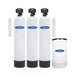 Crystal Quest Tannin Whole House Water Filtration System: 3-tank white fiberglass setup with brine tank and sediment pre-filters.