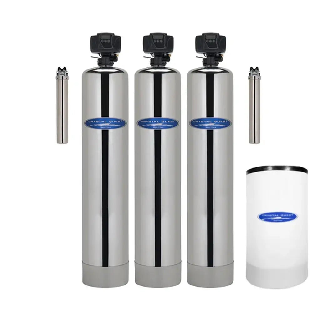 Crystal Quest triple-tank stainless steel fluoride whole house water filter system featuring high-durability casings, digital valves, and brine tank.