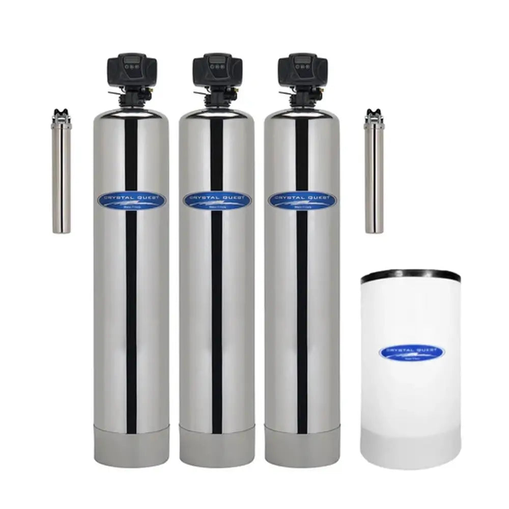 Crystal Quest Tannin Whole House Water Filtration System featuring three stainless steel tanks and digital control heads for well water treatment.