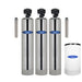 Triple tank Crystal Quest Turbidity Whole House Filtration System with stainless steel tanks, pre-filters, and storage tank for high-capacity water treatment.