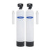 Crystal Quest Radium Uranium whole house filtration system with two white tanks and two cartridge filters.