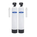 Two-tank white fiberglass Crystal Quest fluoride whole house water filtration system with automatic backwashing valves and dual side filter cartridges.