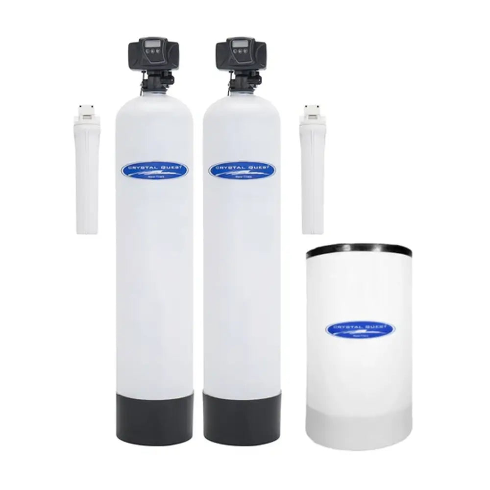 Crystal Quest 2-tank white fiberglass Nitrate Whole House Water Filtration System featuring digital control heads and salt brine tank.