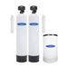2-tank Crystal Quest Tannin Whole House Water Filtration System in white fiberglass including brine tank and wall-mounted filtration housings.