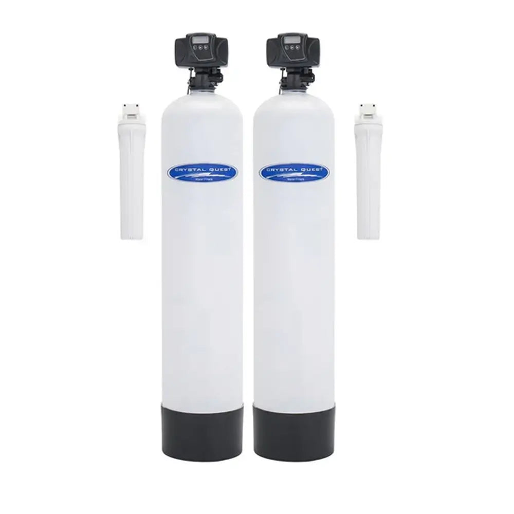 Dual tank Crystal Quest Turbidity Whole House Filtration System with white fiberglass tanks and two side-mounted sediment pre-filters.