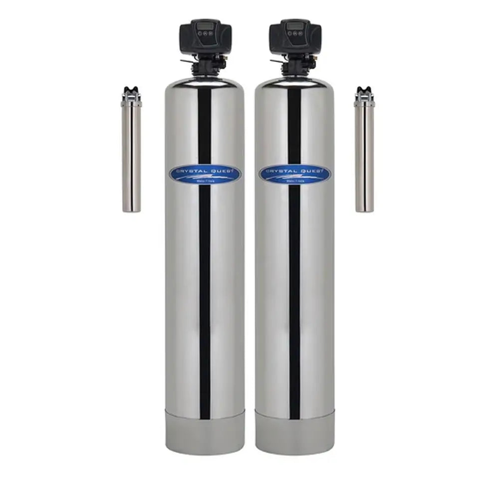 Crystal Quest Double Tank Stainless Steel Acid Neutralizing System featuring two main tanks and side filter housings.