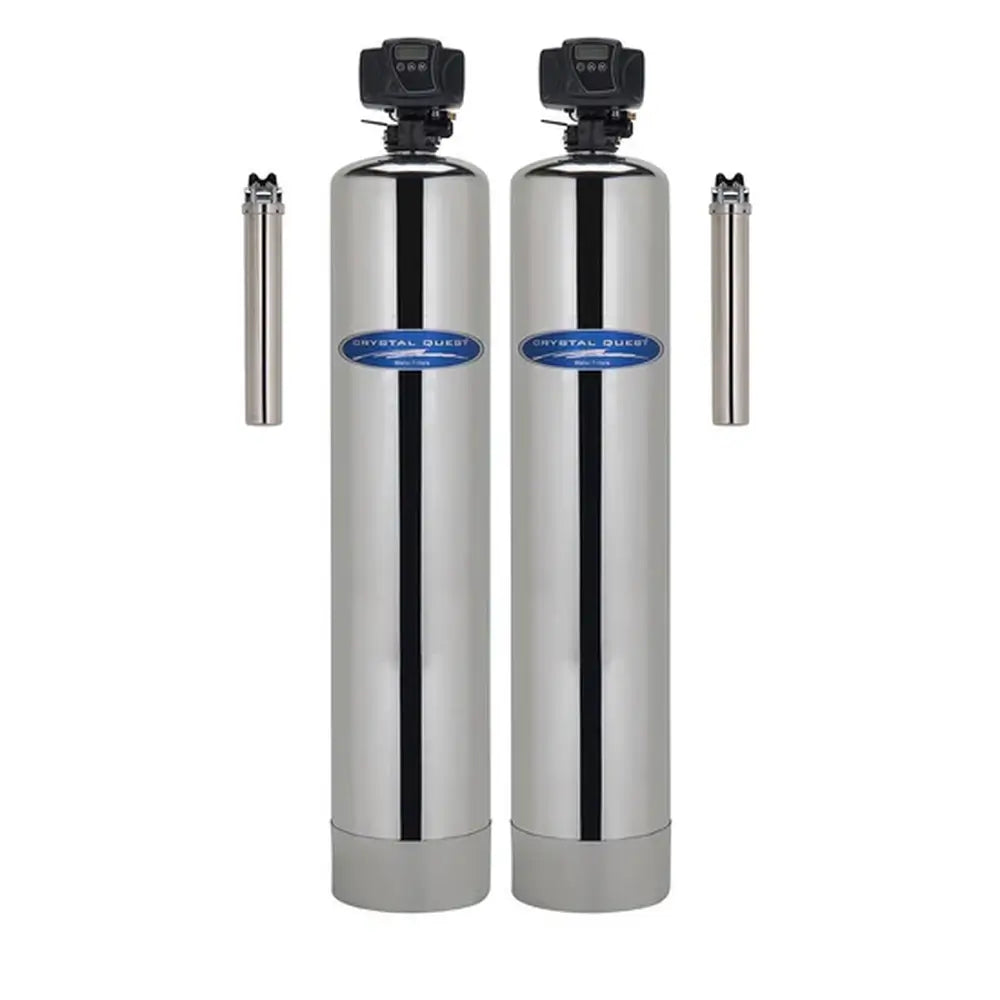 Crystal Quest 2-tank stainless steel whole house water filtration system with dual side-mounted pre-filters.