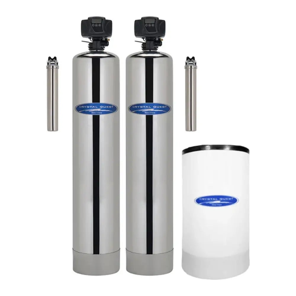 Crystal Quest 2-tank stainless steel Nitrate Whole House Water Filtration System with brine tank and dual sediment filters.