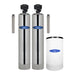 Crystal Quest 2-tank stainless steel Nitrate Whole House Water Filtration System with brine tank and dual sediment filters.