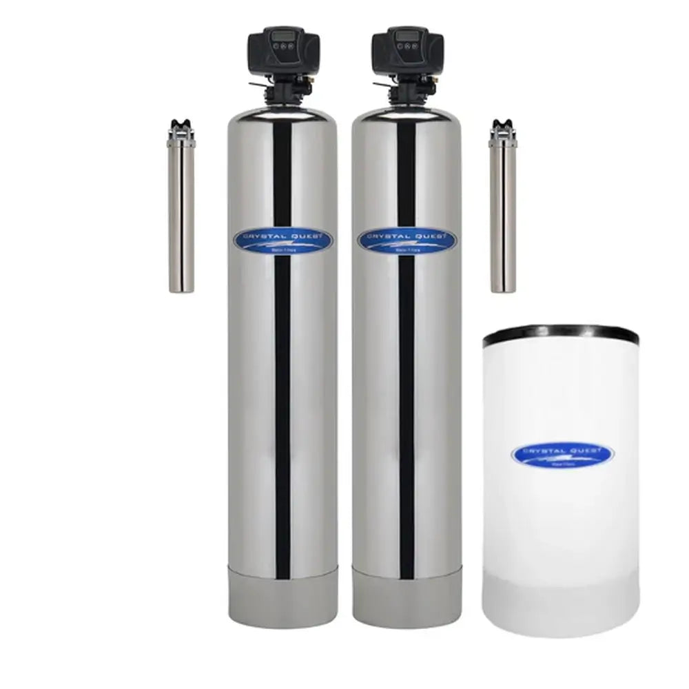 Crystal Quest Radium Uranium whole house filtration system with two stainless tanks, filters, and brine tank.