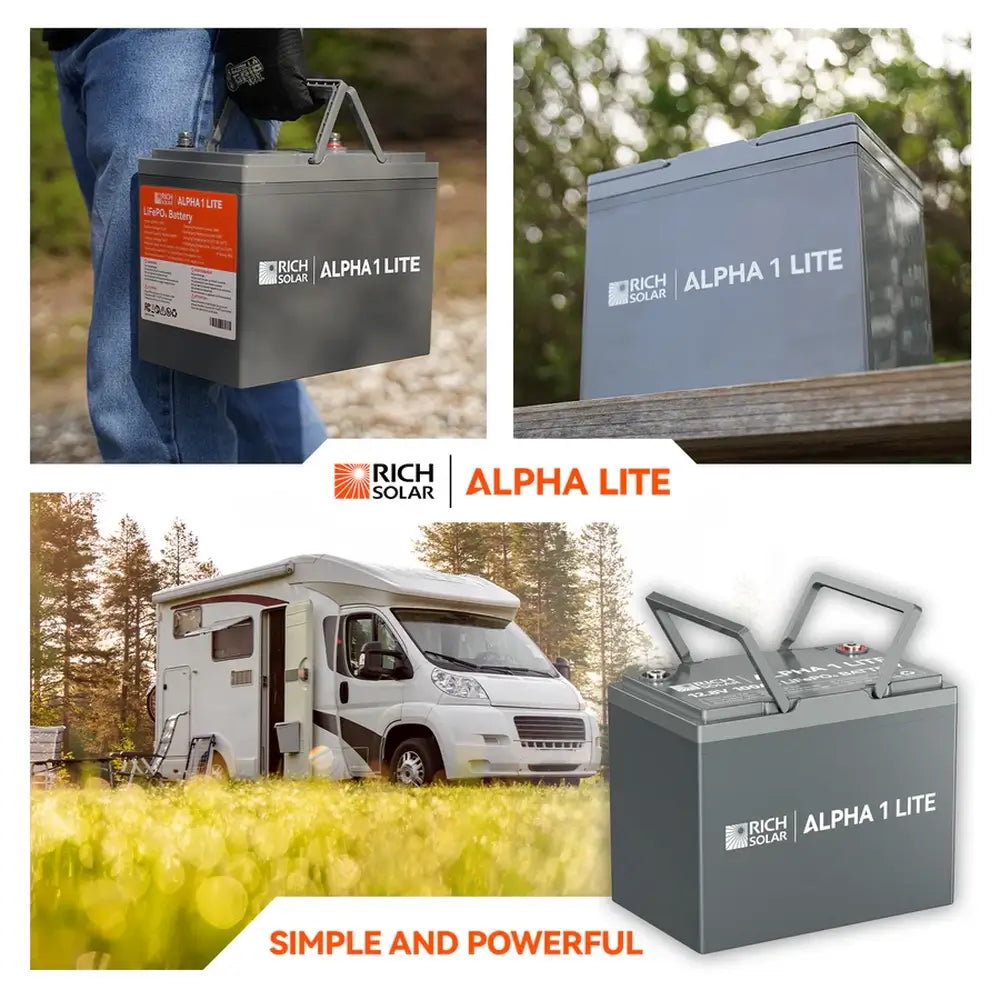 Rich Solar Alpha Lite promotional graphic collage featuring the portable battery being carried, an outdoor RV camping scene, and the text Simple and Powerful.