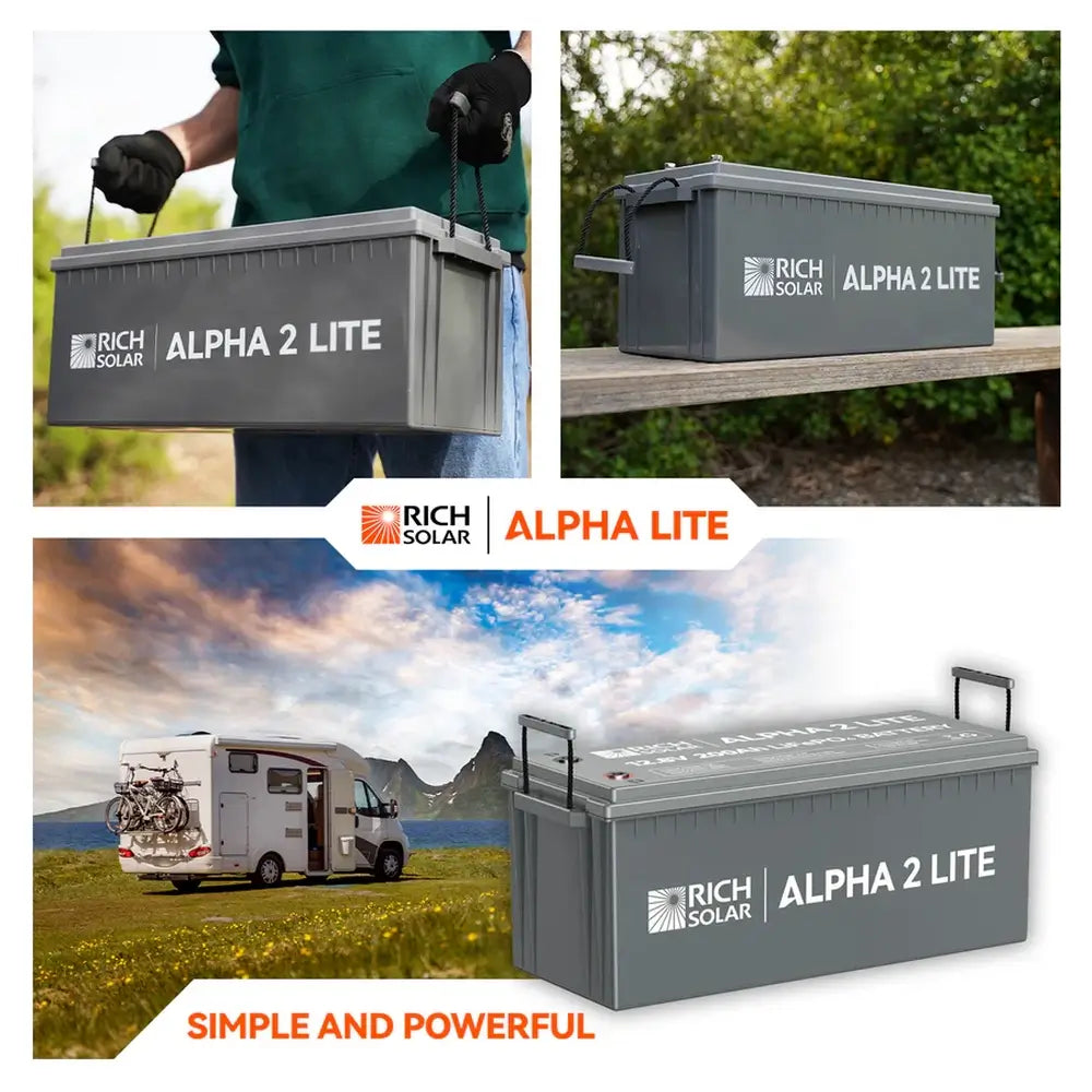 Product collage showing a person easily carrying the portable Rich Solar ALPHA 2 LITE 12V 200Ah LiFePO4 battery by its rope handles next to an RV parked in an off-grid scenic landscape.