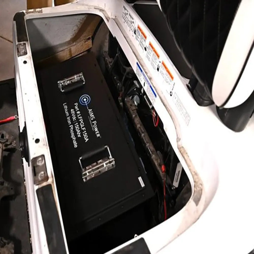 AIMS Power 48V 150Ah golf cart battery kit installed in golf cart compartment for lithium LiFePO4 conversion.