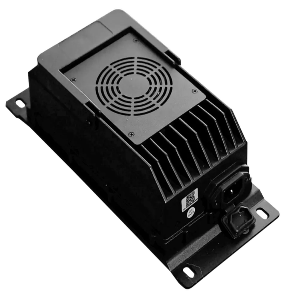 AIMS Power fan-cooled lithium golf cart battery charger with connector cable, cooling fins, AC plug, and mounting tabs.