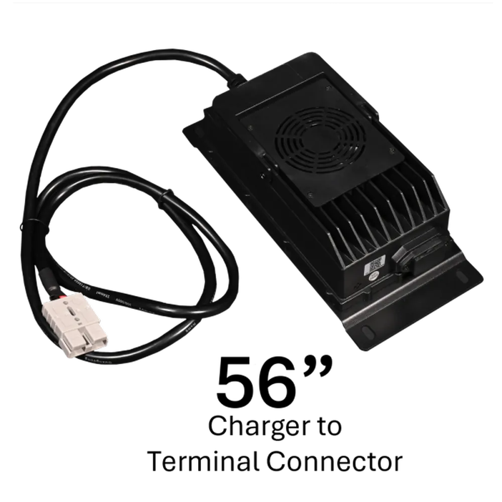 AIMS Power 48V LiFePO4 golf cart battery charger with fan-cooled housing, connector cable, and mounting plate.