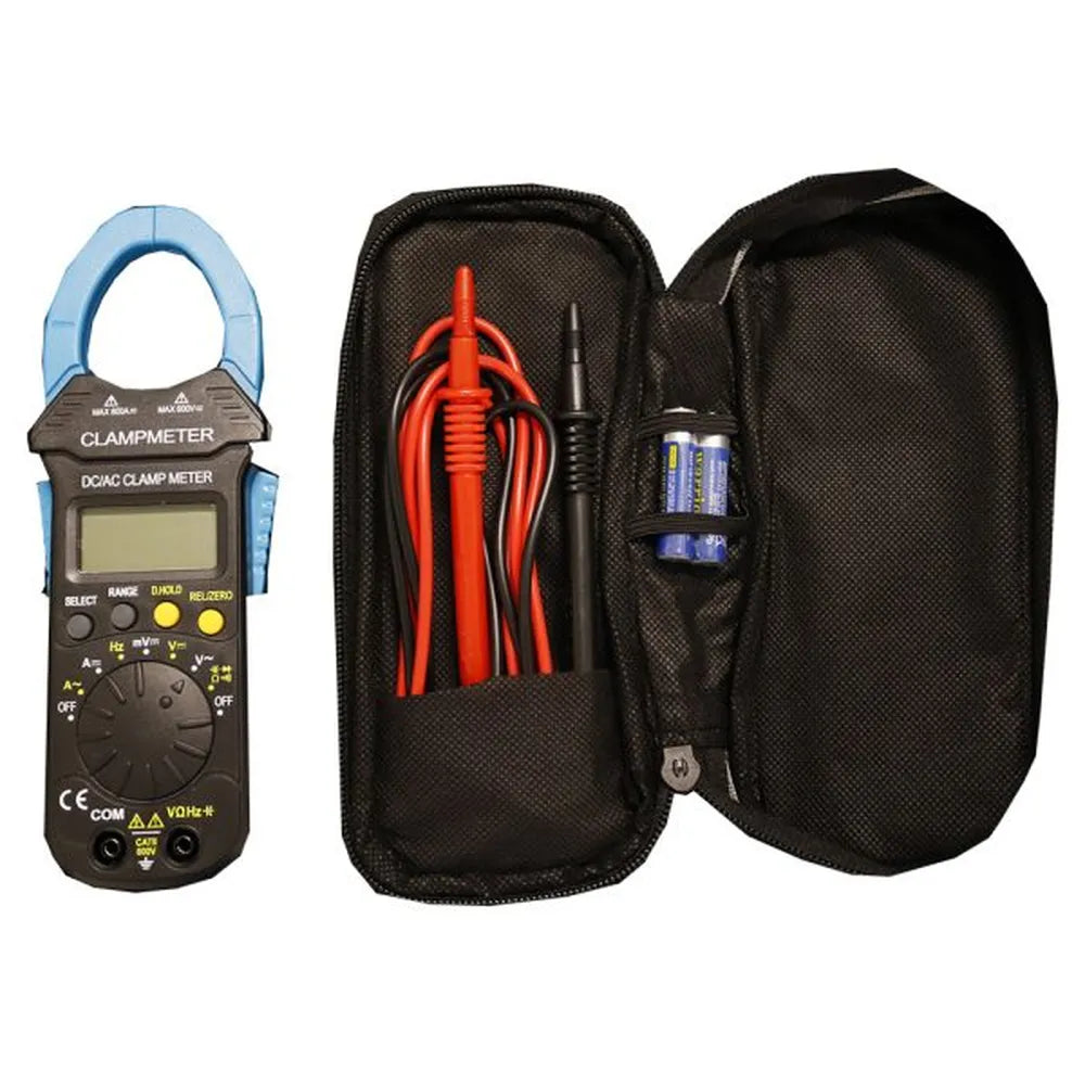 AIMS Power clamp meter kit with test leads, battery, and carrying case for electrical diagnostics.